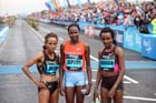 Meseret Defar, Priscah Jeptoo and Tirunesh Dibaba at the finish of the BUPA Great North Run.